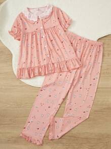 Tween Girls' Orange Cute Little Cat Printed Loose Fit Elegant 2pcs Homewear Set With Short Sleeve Top And Pants - Orange - View 5