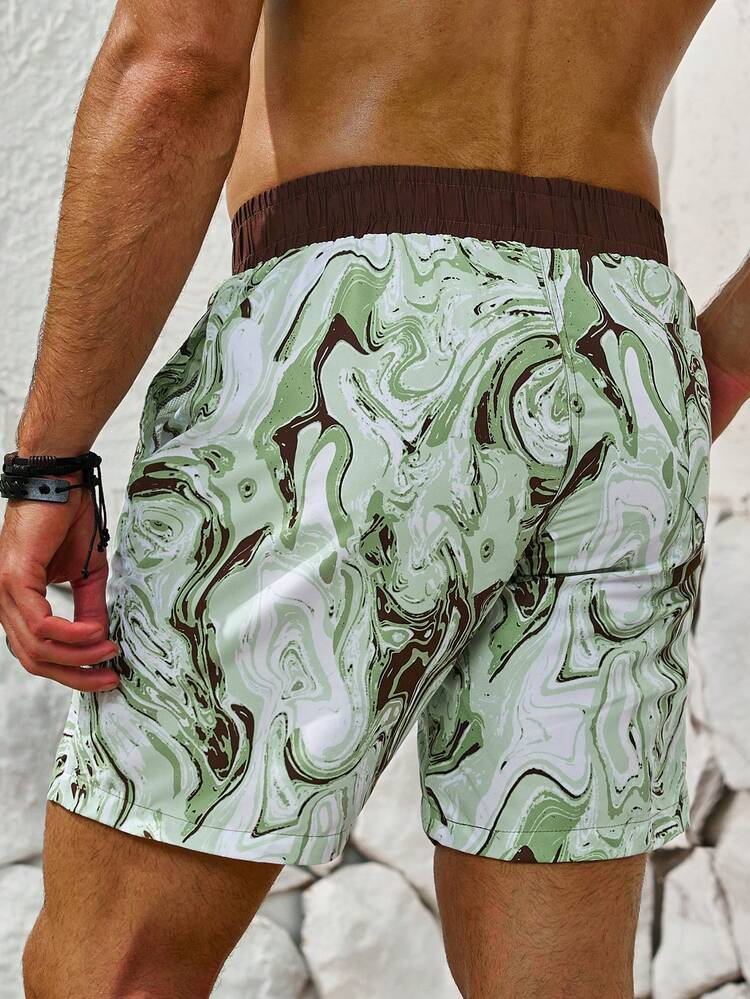 Men's Marble Printed Drawstring Waist Beach Shorts