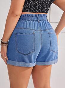 SHEIN Privé 加大碼女士高腰襯邊牛仔短褲