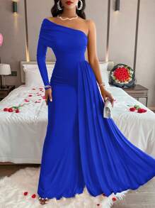 AIJ Elegant One-Shoulder Long Sleeve Dress Spring - Royal Blue - View 3