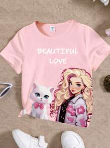 SHEIN 年轻女孩字母和猫咪印花圆领运动 T 恤可爱 T 恤 - 粉色 - 查看 4
