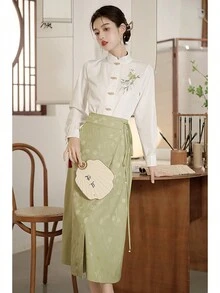 New Chinese Style National Style Wrap Tie Dynasty Blouse Waist Skirt - Mint Green - View 8