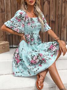 Breezaya 花卉印花方领荷叶边袖荷叶边下摆连衣裙度假海滩装女装 - 薄荷綠 - 查看 5