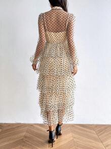 SHEIN Privé Polka Dot & Mesh & Printed Women's Layered Cake Dress - Khaki - View 2