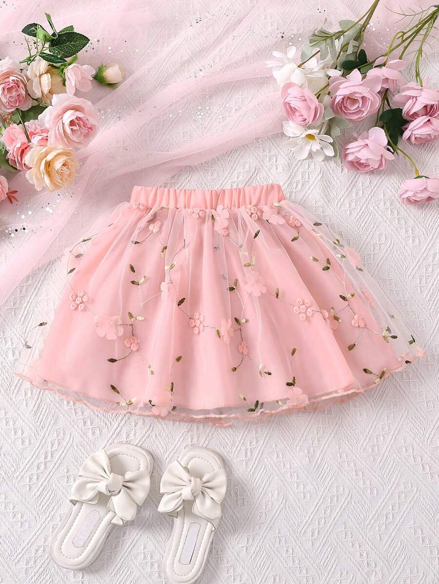 SHEIN Falda Elegante Y De Estilo De Moda Con Bordado De Flores En 3d Para Niña, Primavera/verano - Rosa - Ver 1