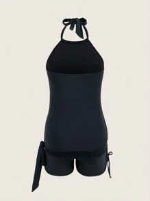 SHEIN Swim Bikini à bretelles fines pour femmes, sans armature, noir, avec boxers pour le festival d'été de musique - Noir - Voir 4