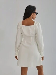 GENKIRA Women's Square Neck Long Sleeve Dress Without Belt - White - View 2