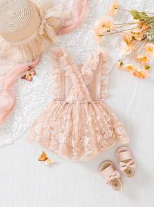 SHEIN Vintaside Kids Baby Girl Ruffle Trim Embroidery Mesh Bodysuit Dress