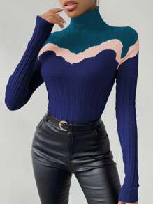 Chiquease Women's Slim Fit High Neck Color Block Sweater, Knit Pullover Fall Winter - Blue - View 4