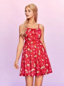 SCOOBY-DOO X SHEIN Women's Cartoon Printed Spaghetti Strap Sleeping Dress With Bow Decor