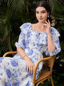 Seusyu 女款露肩花卉印花洋裝,襯邊荷葉邊設計 - 藍色 - 查看 5
