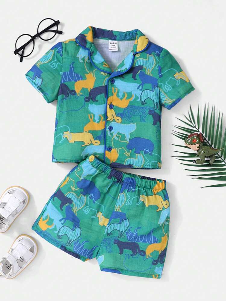 Baby Boy Cartoon Animal Pattern Collared Button-Up Shirt And Casual Shorts Set