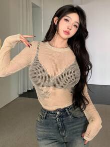 DAZY Women's Round Neck Hollow Out Mesh Top - Apricot - View 4