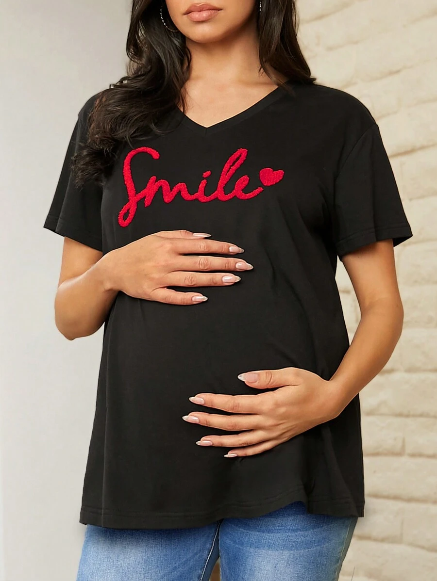 SHEIN Letter Embroidered Towelling T-Shirt For Maternity - Black - View 1