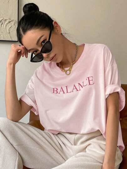 DAZY Letter Print Drop Shoulder T-Shirt Summer Oversized T-Shirt,Graphic Tees