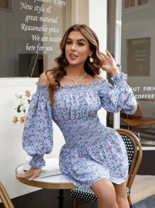 GENKIRA Của phụ nữ Off Shoulder Tay áo dài Hoa In Đầm - Nhiều màu - Xem 4