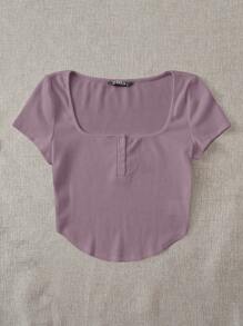 SHEIN EZwear Button-Down Short Sleeve T-Shirt - Dusty Purple - View 5