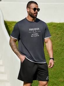 Manfinity Homme Men's Plus Size 2pcs/Set Short Sleeve T-Shirt And Shorts With Two Slogans And Face Design