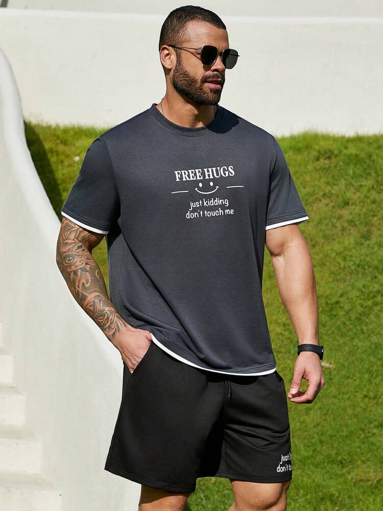 Men's Plus Size 2pcs/Set Short Sleeve T-Shirt And Shorts With Two Slogans And Face Design