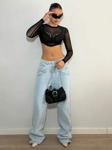 SHEIN ICON Sheer Mesh Top Decorated With Silver Thread Accessories For Women - Black - View 5