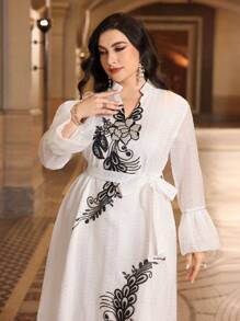 Al Najma Plus Size Floral Sequin Notch Neck Bell Sleeve Dress Kaftan Jalabiya Dress - White - View 5