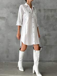 RueChic Solid Button Front Roll Up Sleeve Shirt - White - View 4