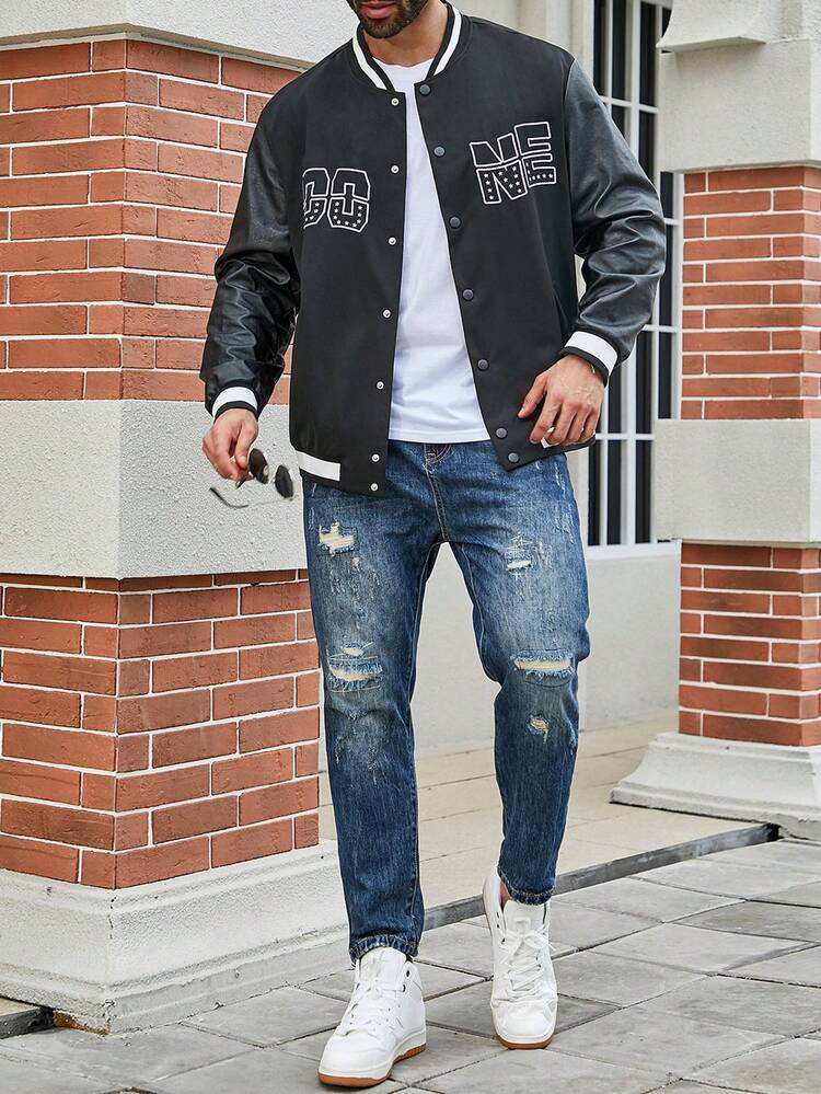 Manfinity Homme 男士加大尺碼文字印花棒球外套 - 黑色 - 查看 5