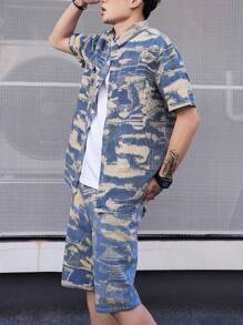 Manfinity Homme Męska koszula dżinsowa z krótkim rękawem, oversize, bawełniana moro, kolorowa impreza