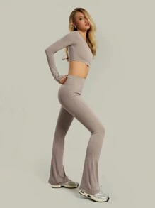 Musera Sport Active Long Sleeve Cropped Thumb Detail Top Capsule Wardrobe Everyday ,Padel, Tennis, Pickleball Gym Fitness Winter - Grey - View 3