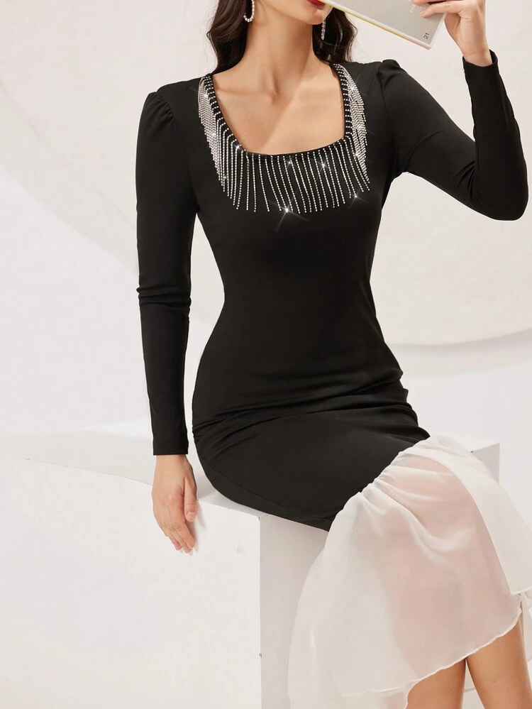 Bead Tassel Decorated Square Neckline Dress With Ruffle Hem Long Evening Dresses