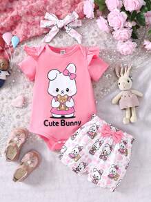 Cartoon Letter Printed Romper With Cartoon Heart Printed Shorts Set For Baby Girl - Pink - View 1