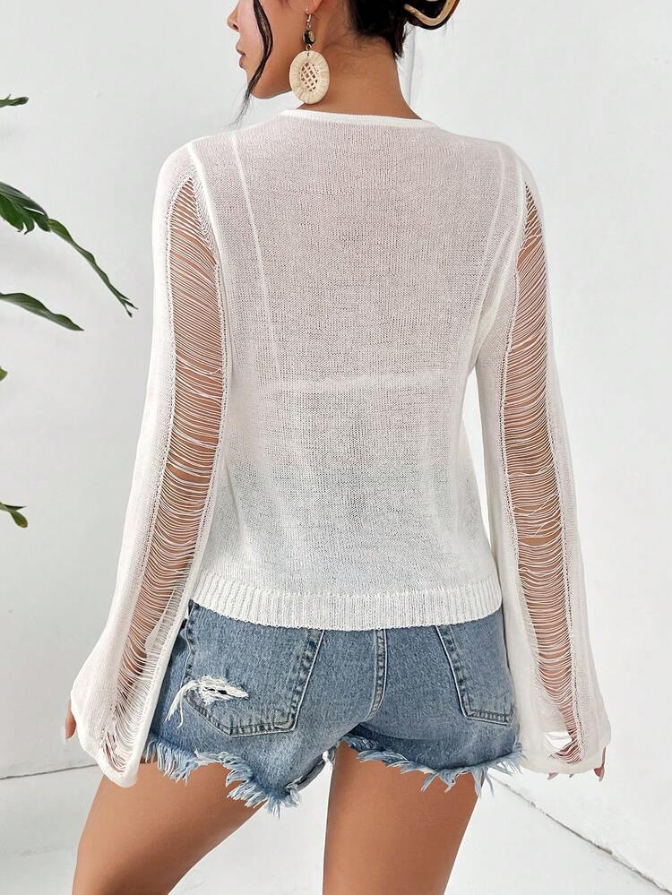 Women's Solid Color Hollow Out Bell Sleeve Knitted Sweater Fall Winter