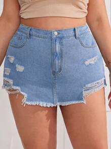 SHEIN VCAY Plus Size Women's Elasticity-Free Sexy Denim Skort - Blue - View 3