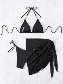 SHEIN Swim Women'S Colorful Gemstone Design Halter Neck Tie Side Bikini Set With Swim Skirt Summer - Black - View 2