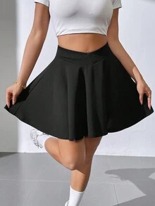 SHEIN Essnce 女性夏季黑色針織v腰寬鬆休閒裙 - 黑色 - 查看 4