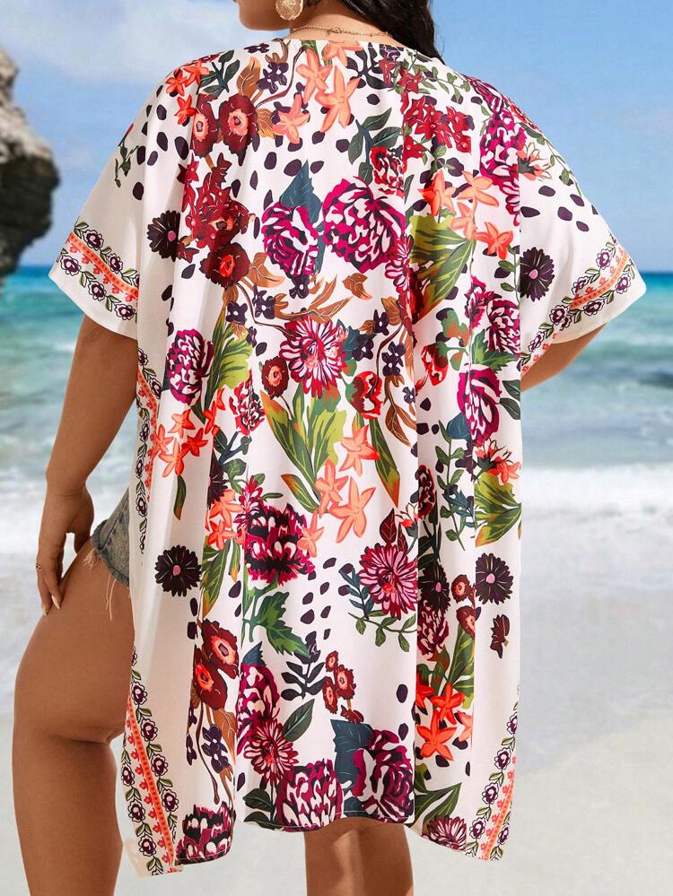 Plus Size Holiday Floral Print Batwing Sleeve Jacket