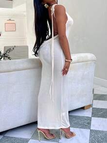 Draped Collar Tie Shoulder Cami Dress - White - View 4