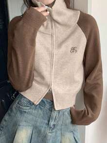 Áo khoác cardigan nữ kiểu Hàn Quốc mùa thu mới, thêu chữ thủ công, phối màu tương phản, phong cách thường ngày. - Cà phê nâu - Xem 5