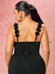 SHEIN BAE Duyên dáng Kích thước lớn Ren Vai Gợi cảm Áo nịt ngực Top Và Áo ba lỗ - màu đen - Xem 3