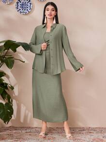 Mulvari Damen Einfarbige Langarm Bluse Und Kleid Set