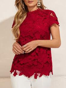 SHEIN Clasi Quý cô Màu thuần Ren Áo sơ mi - Đỏ - Xem 5