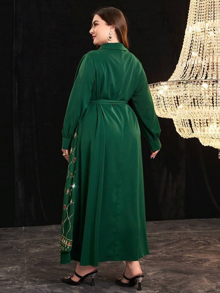 Plus Size Sparkly Sequin Embroidery Long Sleeve Belted Dress Kaftan Jalabiya Dress