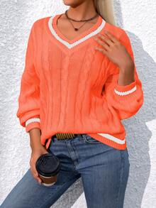 Chiquease Của phụ nữ Khối màu Cổ chữ V Thả vai Tay áo dài Áo len - Màu Cam cháy - Xem 5