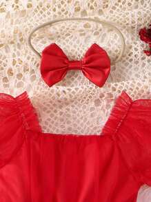 Baby Girl cổ vuông bong bóng tay áo ngắn lưới phủ áo liền quần - Đỏ - Xem 6