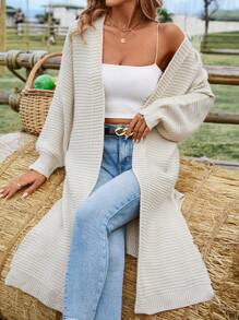 SHEIN Clasi 女士純色下肩長版針織開襟外套 - 杏色 - 查看 4