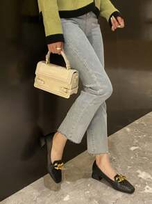 Thời trang Cổ điển Con rắn Mô hình Phong cách tối giản Của phụ nữ Giày phẳng Với Chóp giầy hình vuông , Kim loại Trang trí chuỗi Và Dày Gót chân - màu đen - Xem 4