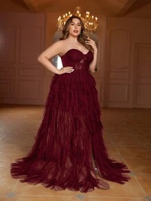 Faeriesty Plus Contrast Lace Split Thigh Mesh Tube Formal Dress - Burgundy - View 4