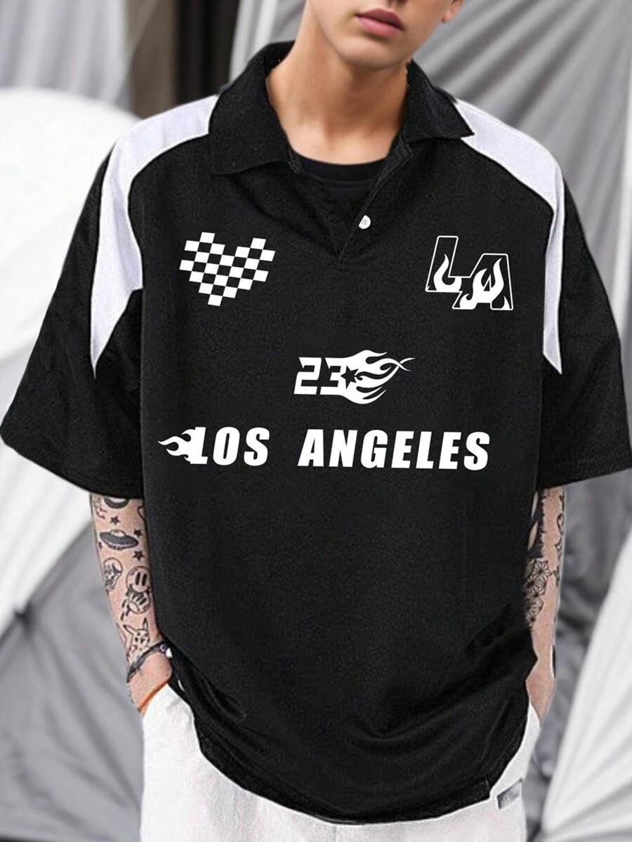 Manfinity EMRG 男士短袖波麗衫,印有字母圖案 - 彩色 - 查看 1