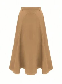 Flirla Plus Size Solid Color Umbrella Skirt With Flared Hem Maxi Women Outfit - Khaki - View 4