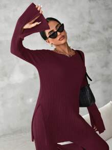 EURMUSE Solid Split Hem Tee & Flare Leg Pants - Red - View 4